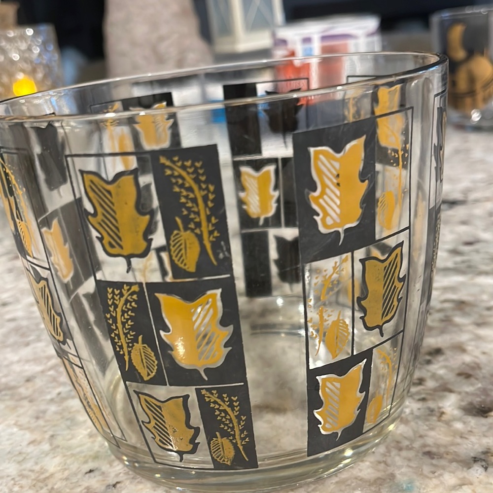 Vintage glass ice bucket or large bowel with a black and gold leaf pattern